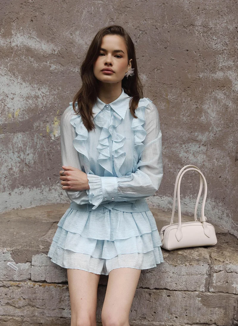 Lichi Textured fabric mini dress with ruffles on the bodice